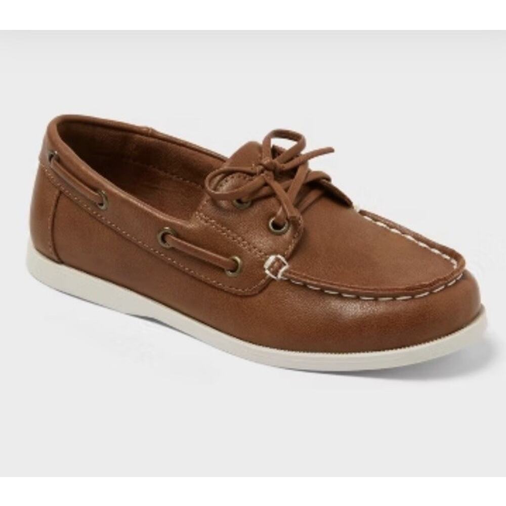 Cat & Jack Kids Boat Shoes 4 Brown Faux Leather Lace Up Nautical Loafers